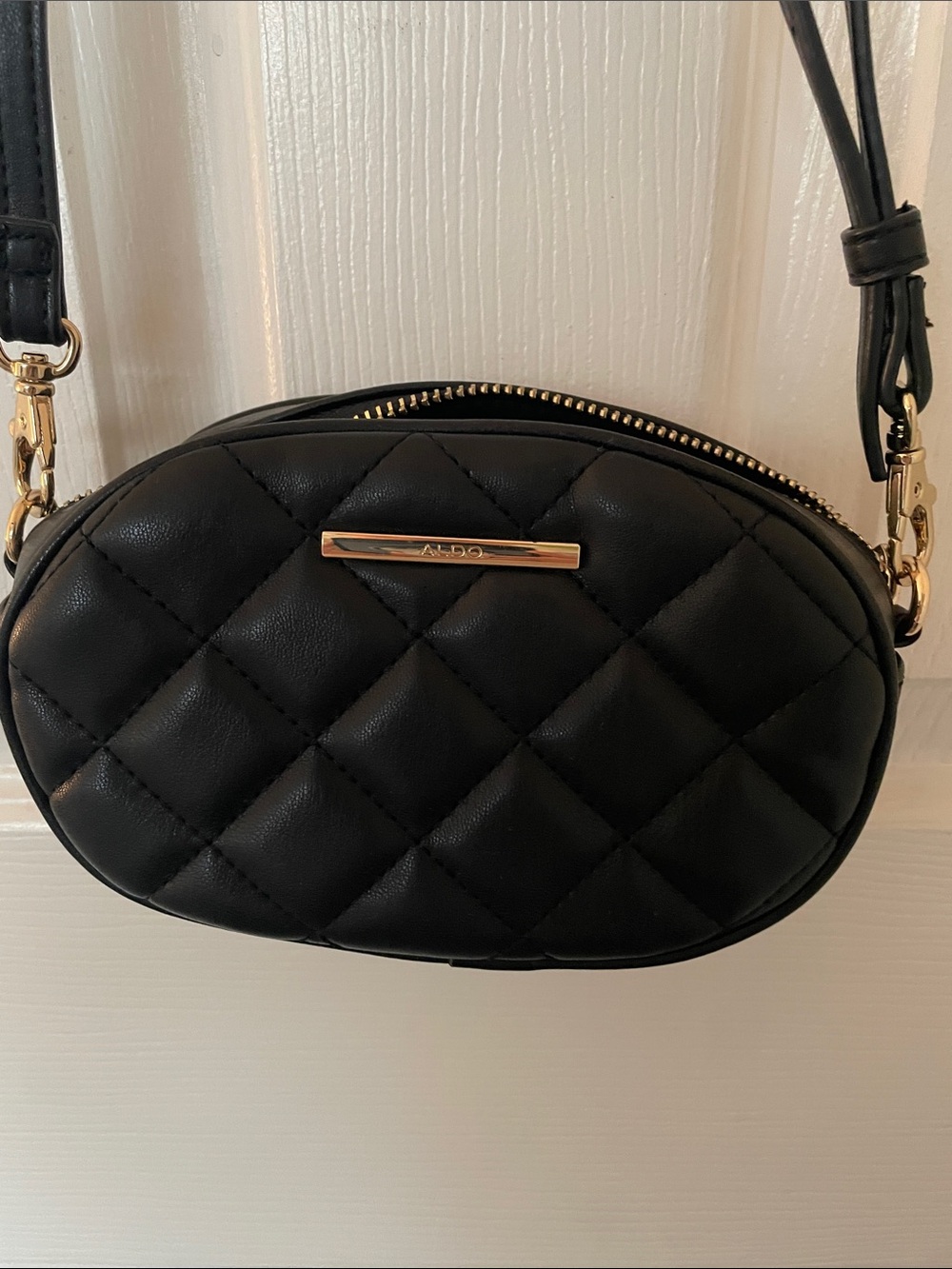 Aldo Black Quilted Oval Crossbody with Gold Accent